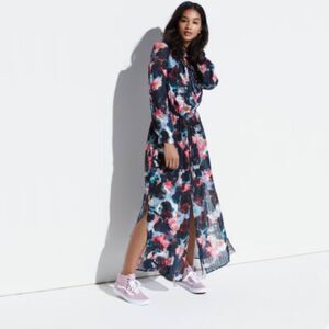 Kohls KLab Sheer Maxi Dress Floral Bohemian Y2K Colorful Tropical Beach Pool L